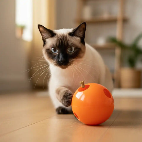 Siamese cat batting orange tumbler puzzle slow feeder ball on light wood floor, treat falling out, demonstrating mental stimulation toys for cats