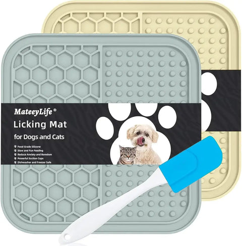 Grey and beige MateeyLife pet lick mats with a blue silicone spreading spatula for slow feeding.
