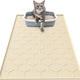 Beige non-slip silicone cat litter mat with tabby cat stepping out of litter box