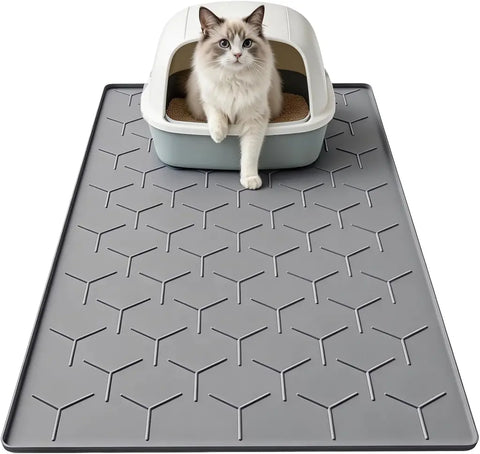 Dark grey silicone cat litter mat with hooded litter box and ragdoll cat