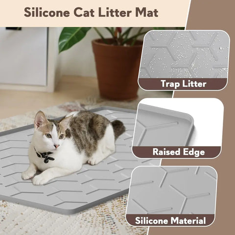Silicone cat litter mat showing litter trapping surface, raised edge, and durable material