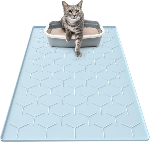 Light blue waterproof silicone cat litter mat under litter box