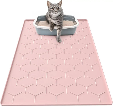 Soft pink silicone cat litter mat with textured litter trapping pattern