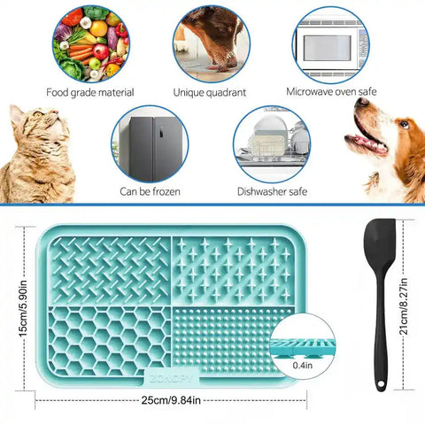 Product dimensions diagram for Zonopy silicone pet lick mat showing 25cm by 15cm measurements and freezer-safe icons.