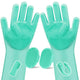 Mint green eco-friendly silicone pet grooming and massage glove set with finger brush and adjustable handles.
