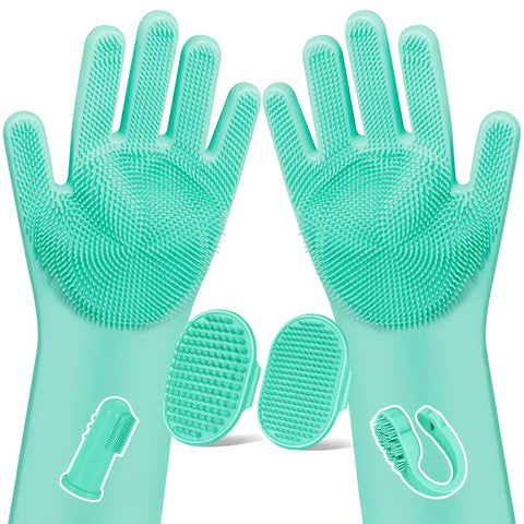 Mint green eco-friendly silicone pet grooming and massage glove set with finger brush and adjustable handles.
