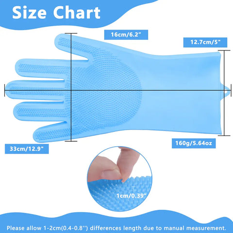 Size chart diagram for silicone pet grooming gloves showing dimensions.