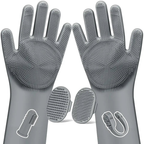 Professional grey silicone pet grooming kit including heat-resistant scrubbing gloves and adjustable handheld brushes.