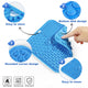 Product feature diagram of a blue silicone pet lick mat highlighting its easy storage, bottom suction disks, rounded corners, and easy to clean design.