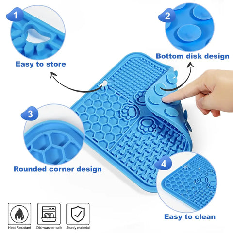 Product feature diagram of a blue silicone pet lick mat highlighting its easy storage, bottom suction disks, rounded corners, and easy to clean design.