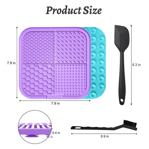 Product size guide displaying the 7.9 by 7.9 inch dimensions of the MateeyLife slow feeder mat along with the spatula and cleaning brush measurements