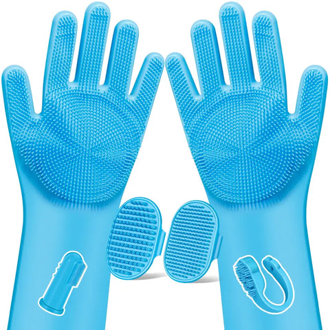 Light blue silicone pet bath gloves and handheld grooming tools set isolated on a white background.