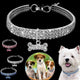 Silver dog collar with rhinestones and bone charm on black background.