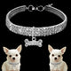 Silver rhinestone dog collar with bone charm on black with dogs.