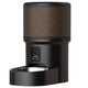 Front profile of a sleek black automatic pet food dispenser with a translucent food hopper, control panel, and stainless steel feeding bowl.