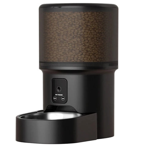 Front profile of a sleek black automatic pet food dispenser with a translucent food hopper, control panel, and stainless steel feeding bowl.