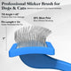 Blue professional slicker brush showing 1-inch wire pins tilted at 45 degree angle for skin safety