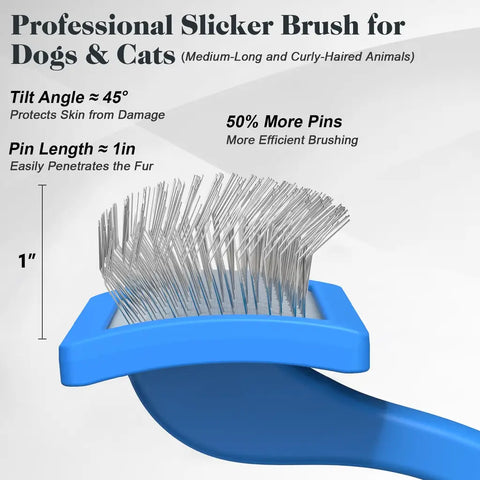 Blue professional slicker brush showing 1-inch wire pins tilted at 45 degree angle for skin safety
