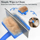 Using steel pet comb to easily scrape fur off blue slicker brush for quick cleaning