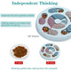 Comparison showing a dog puzzle feeder increasing eating time from 2 minutes to 20 minutes to prevent bloating.