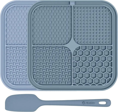 Slow feeder dog lick mat 2-pack in slate blue and lavender purple with a spatula.
