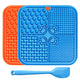 Blue and orange slow feeder pet lick mats arranged together with a blue silicone food spreading spatula at the bottom.
