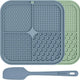 Slow feeder dog lick pad 2-pack in slate blue and mint green with an included food spatula.
