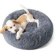 Small 23 inch calming donut dog bed in dark grey faux fur with raised rim for small dogs up to 25 lbs