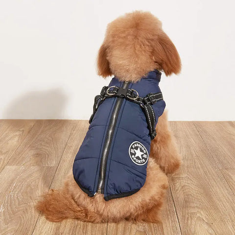 Small dog wearing a blue puffer vest with a brand logo on a wooden floor.