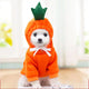 Small dog wearing orange carrot costume with green top on light.