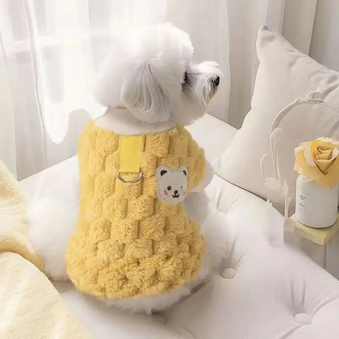 Small dog wearing yellow sweater with bear tag, sitting on white couch.