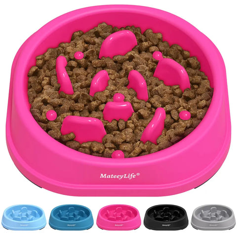 Small vibrant pink slow feeder bowl filled with dog food featuring the unique internal ridge pattern for small breeds.