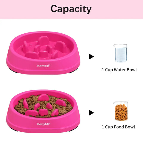 Capacity chart for the small MateeyLife bowl showing a 1-cup volume for both food and water.