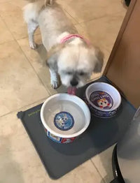 Customer review image of a small, light-colored Shih Tzu dog with a pink collar licking water from a cartoon-printed ceramic bowl placed on a dark grey silicone pet feeding mat.
