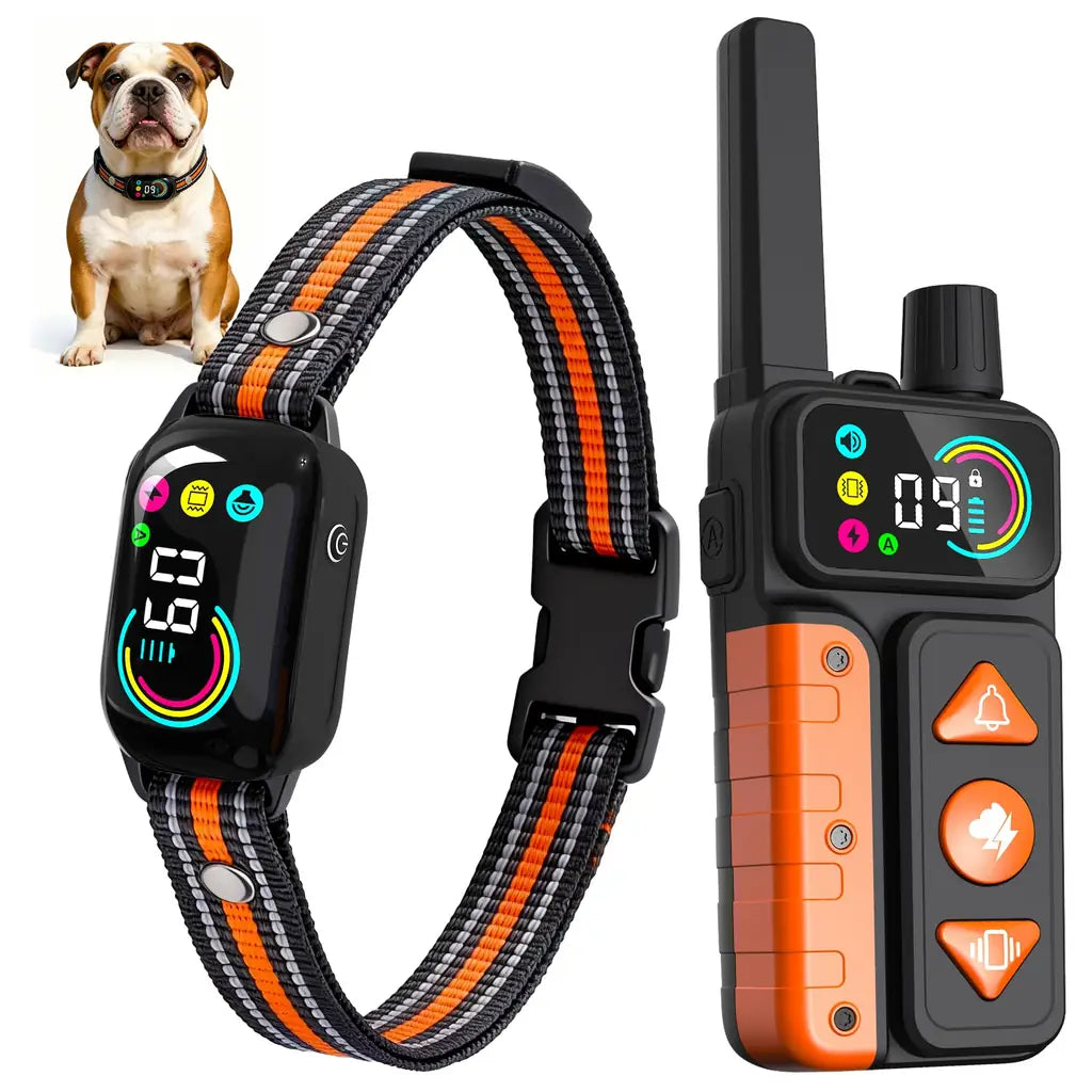 Smart dog training collar and orange digital remote control receiver set for dogs with color screen display