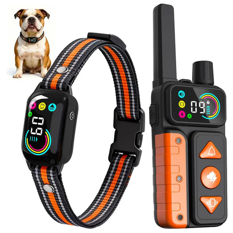 Smart dog training collar and orange digital remote control receiver set for dogs with color screen display