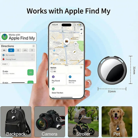 Dimensions of a 31mm smart tracker shown with Apple Find My app interface.
