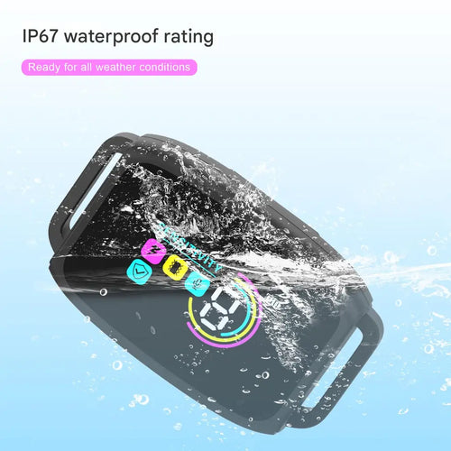 Smartwatch with water splashes and IP67 waterproof rating text on a light blue background