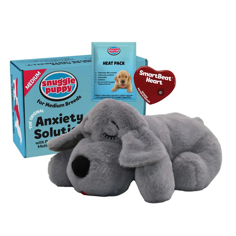 Snuggle Puppy dog anxiety solution kit for medium breeds featuring a grey plush puppy behavioral aid, heat pack, and red SmartBeat Heart.