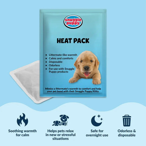 Snuggle Puppy replacement heat pack packaging providing soothing warmth for calm and stressful pet situations.