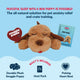 Snuggle Puppy all-natural pet anxiety relief and crate training kit infographic showing durable plush puppy, heat pack, and pulsing heart beat.