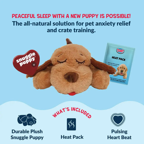 Snuggle Puppy all-natural pet anxiety relief and crate training kit infographic showing durable plush puppy, heat pack, and pulsing heart beat.