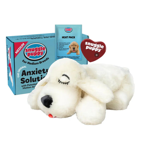 Snuggle Puppy dog anxiety solution kit featuring a biscuit cream white plush puppy behavioral aid.