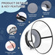 Infographic listing key product features including a washable outer cover, double velcro closure, elastic security loops, and transparent plastic shield.