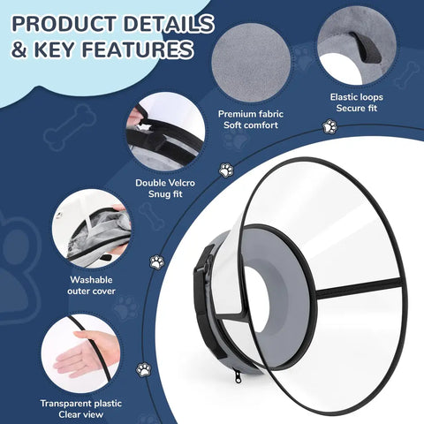 Infographic listing key product features including a washable outer cover, double velcro closure, elastic security loops, and transparent plastic shield.