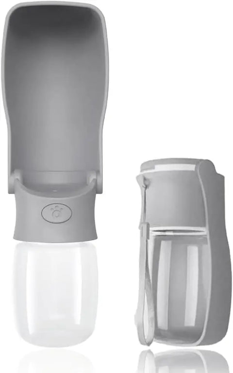 Grey Soicta 12 oz portable dog water bottle in open and folded positions
