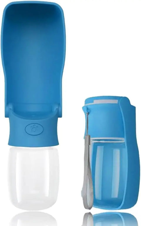 Indigo blue Soicta 12 oz portable pet water bottle open and folded