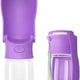 Purple 12 oz Soicta portable dog water bottle shown open and folded