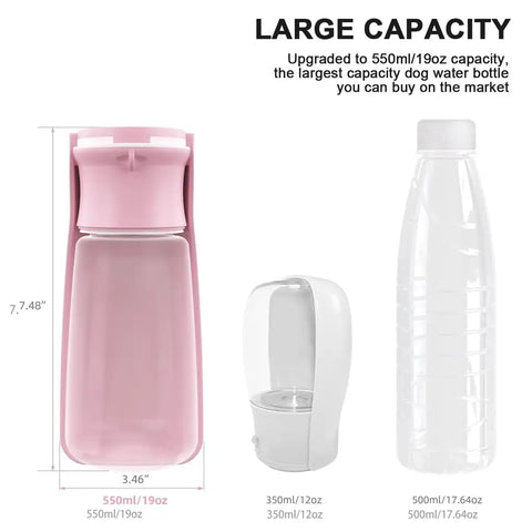 Size comparison chart showing 550ml capacity of Soicta portable dog water bottle