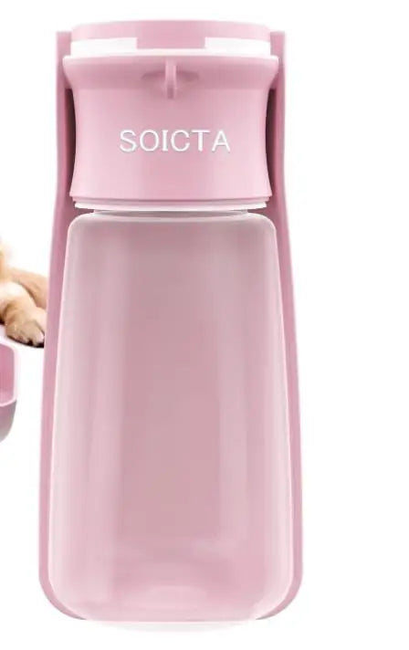 Compact pink Soicta portable dog water bottle with folded trough